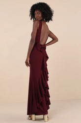 Exquisite Refinement Plum Purple Backless Bow Ruffled Maxi Dress
